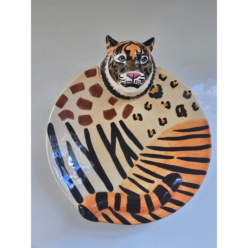 Vtg Lotus 2000 3D Tiger Head Mixed Animal Print Ceramic Decorative Plate Safari
